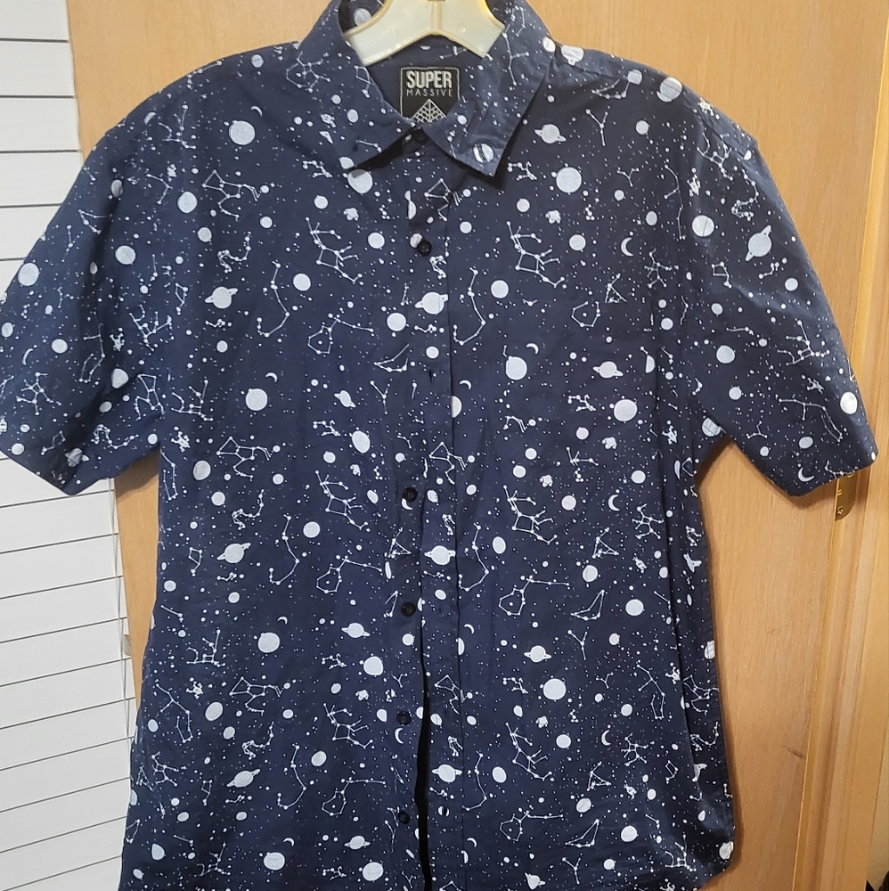 Men's Super Massive Medium Blue Galaxy and Star Button up Short Sleeved Shirt